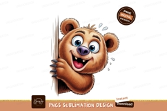 Happy brown bear peeking from behind wood blue eyes Product Image 1