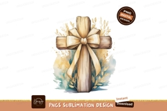 Wooden cross with golden bow and foliage ribbon Product Image 1