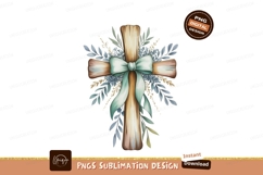Wooden cross with floral embellishment and ribbon leaves Product Image 1