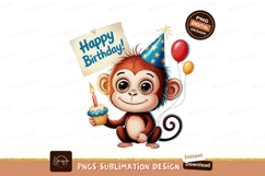 Cheerful monkey celebrates birthday with cupcake and balloon Product Image 1