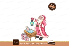 Santa holding lantern near baby Jesus in manger with gifts Product Image 1
