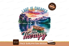 Serene lake with boat and mountains at sunset water Product Image 1