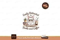 White cat wearing bunny ears reading books with coffee Product Image 1