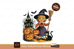 Vintage witch girl with pumpkins and black cat Halloween Product Image 1