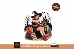 Witch reading book with cat and pumpkin black Product Image 1