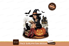 Witch reading book on pumpkin with cat image Product Image 1