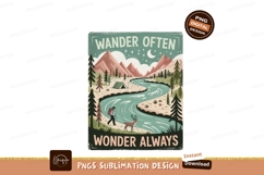 Mountain river camping adventure with hiker and deer Product Image 1