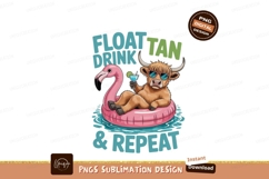 Highland cow relaxing on flamingo float drink Product Image 1