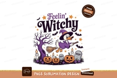 Witchy duck flying broomstick with pumpkins Halloween Product Image 1