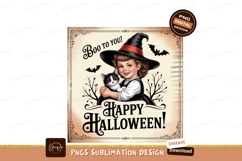 Vintage Halloween Witch Child With Cat black Product Image 1