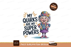 Cheerful elderly woman with colorful outfit and hat Product Image 1