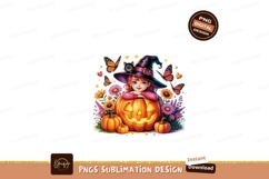 Girl witch sitting on pumpkin surrounded by flowers and butt Product Image 1