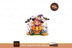 Cute witch girl in pumpkin carriage with bats Halloween Product Image 1