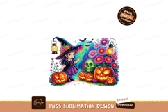 Little witch with pumpkins and flowers halloween skull Product Image 1