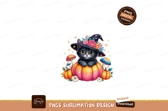 Black cat witch on pumpkin with mushrooms flowers Product Image 1