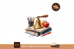 Golden bell on books with apple and pencils image Product Image 1