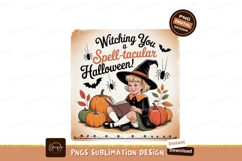 Witchy girl reading surrounded by pumpkins halloween Product Image 1
