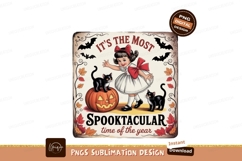 Spooky girl with cats and pumpkin Halloween black Product Image 1