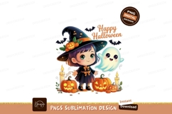 Chibi witch with ghost and pumpkins halloween candle Product Image 1