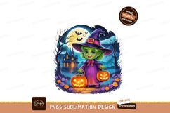Little witch holding pumpkins at haunted house halloween Product Image 1
