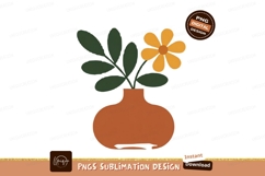 Orange vase with yellow flower and green leaves image Product Image 1