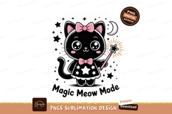 Black cat with magic wand and stars pink Product Image 1