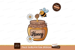 Happy bee dipping honey dipper into jar with flowers Product Image 1
