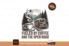 Coffee fueled bus journey through mountains road trees Product Image 1