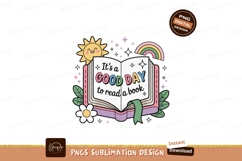 Cheerful book reading illustration with sun and rainbow Product Image 1