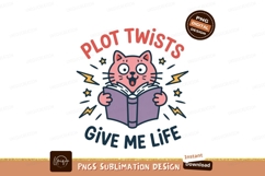 Pink cat reading book with plot twists image Product Image 1