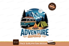 Vintage camper van campfire tent mountains moon camping Product Image 1