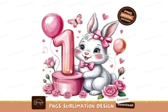 Watercolor Cute Bunny First Birthday Celebration PNG Product Image 1