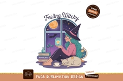 Witchy woman with cat and potions moon stars Product Image 1
