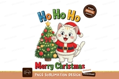 Festive cat wearing santa suit with christmas tree Product Image 1