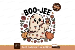 Cute ghost holding coffee cup surrounded by pumpkins Product Image 1