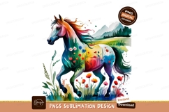 Colorful Watercolor Horse With Floral Pattern PNG Product Image 1