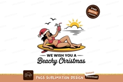 Woman wearing Santa hat bikini on surfboard with drink Product Image 1