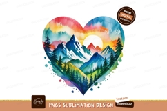 Watercolor Mountains And Forest Heart Design Sublimation Png Product Image 1
