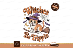 Orange tabby cat wearing witch hat flying on broomstick Product Image 1
