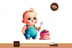 Chubby baby with fork and berry cake child cute Product Image 1