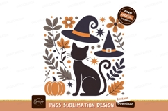 Black cat witches hats pumpkin flowers halloween Product Image 1