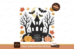 Haunted castle bats moon pumpkins autumn leaves halloween Product Image 1