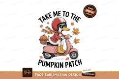Duck riding pink scooter with pumpkin autumn Product Image 1
