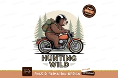 Bear riding motorcycle with backpack helmet forest Product Image 1