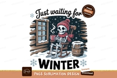 Skeleton enjoying hot drink in rocking chair winter Product Image 1