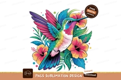 Colorful Hummingbird With Tropical Flowers Illustration PNG Product Image 1