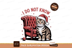 Tabby cat wearing Santa hat beside red armchair kitten Product Image 1