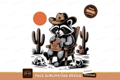 Raccoon cowboy drinks orange juice in desert cactus Product Image 1