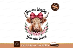 Highland cow adorned with red bow and pink flowers Product Image 1