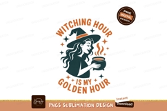 Witchy woman brewing potion with golden hour text cauldron Product Image 1